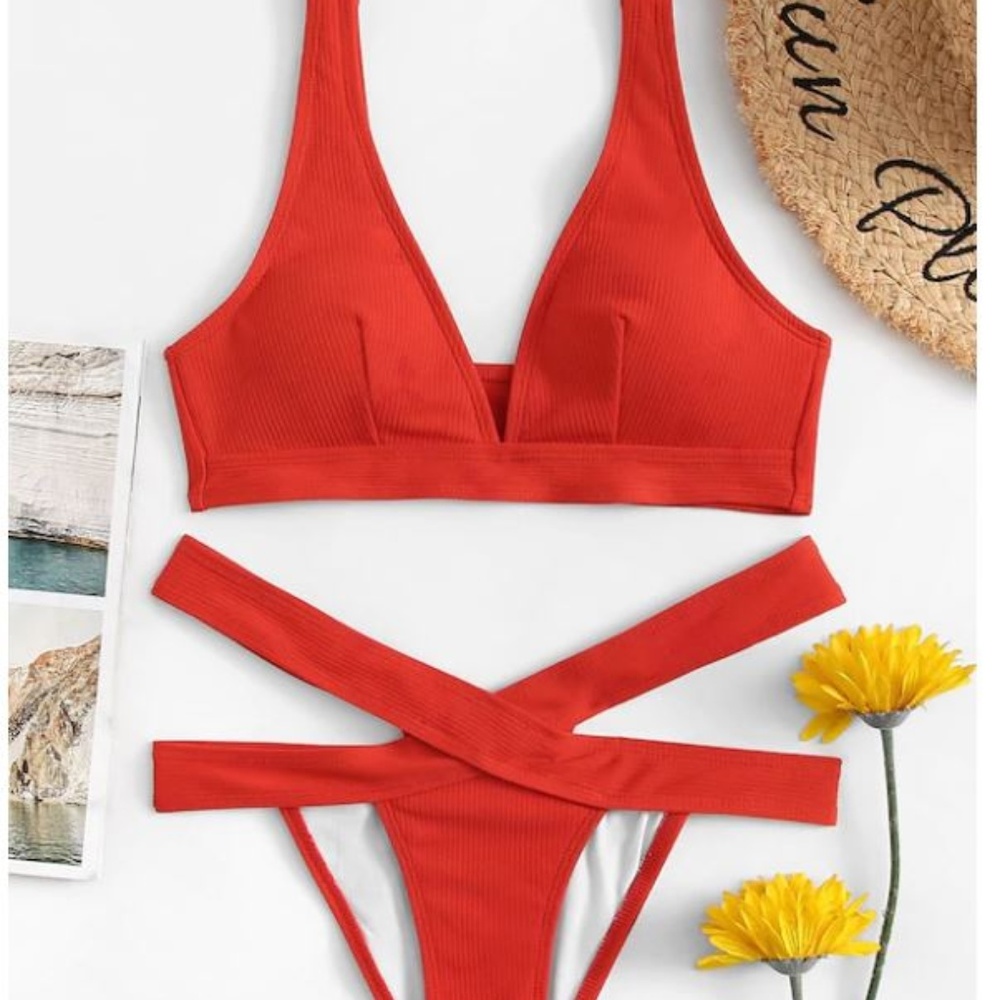 Textured V-Neck Top With Cut-Out Bikini Set